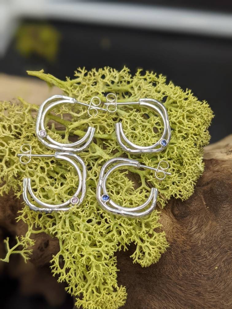 Silver Frame Hoop Earrings, Recycled Silver, Cubic Zirconia