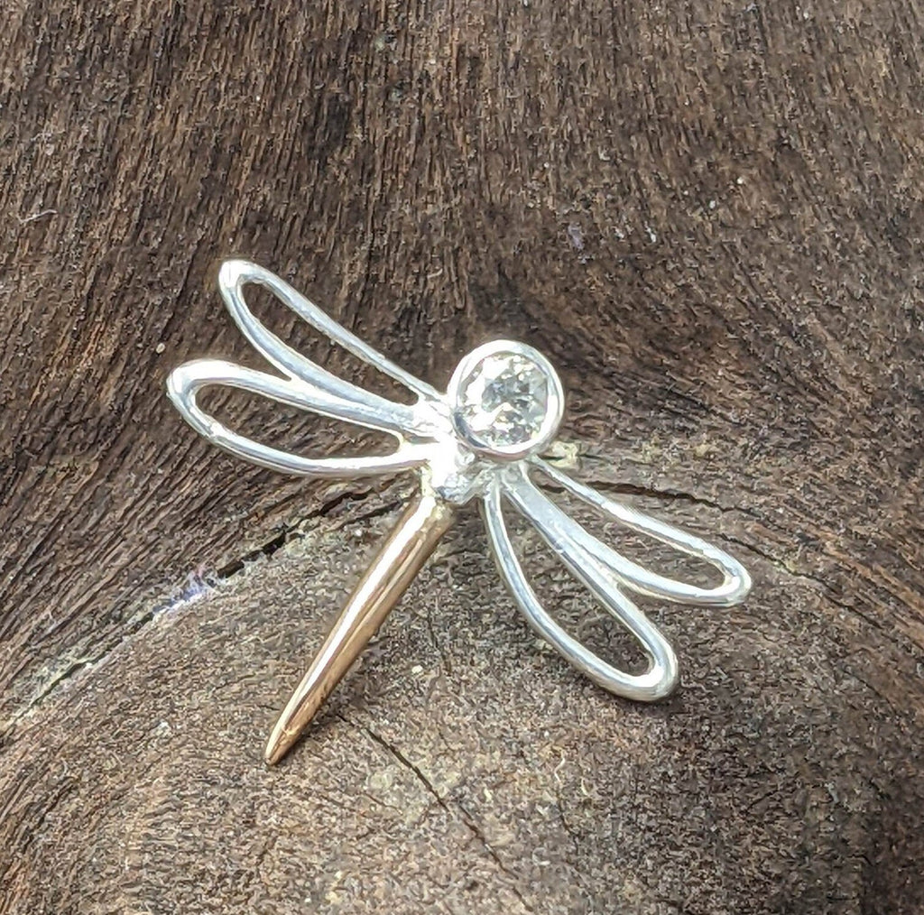 Silver and gold Diamond set dragonfly pin, dragonfly lapel pin, diamond brooch, Dragonfly jewellery, insect jewellery, Mum gift, womens gift