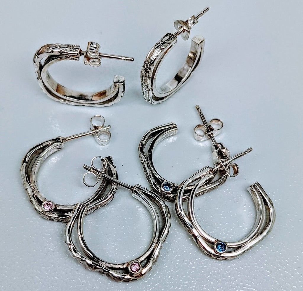 Silver Frame Hoop Earrings, Recycled Silver, Cubic Zirconia