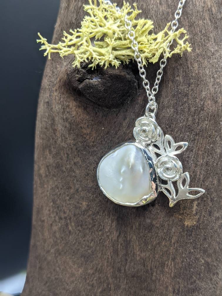 Handmade Mother of Pearl Pendant, Climbing Rose Silver Necklace
