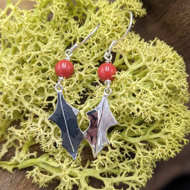 Handmade Sterling Silver Holly Leaf Earrings, Swarovski Berry Jewelry, stocking filler