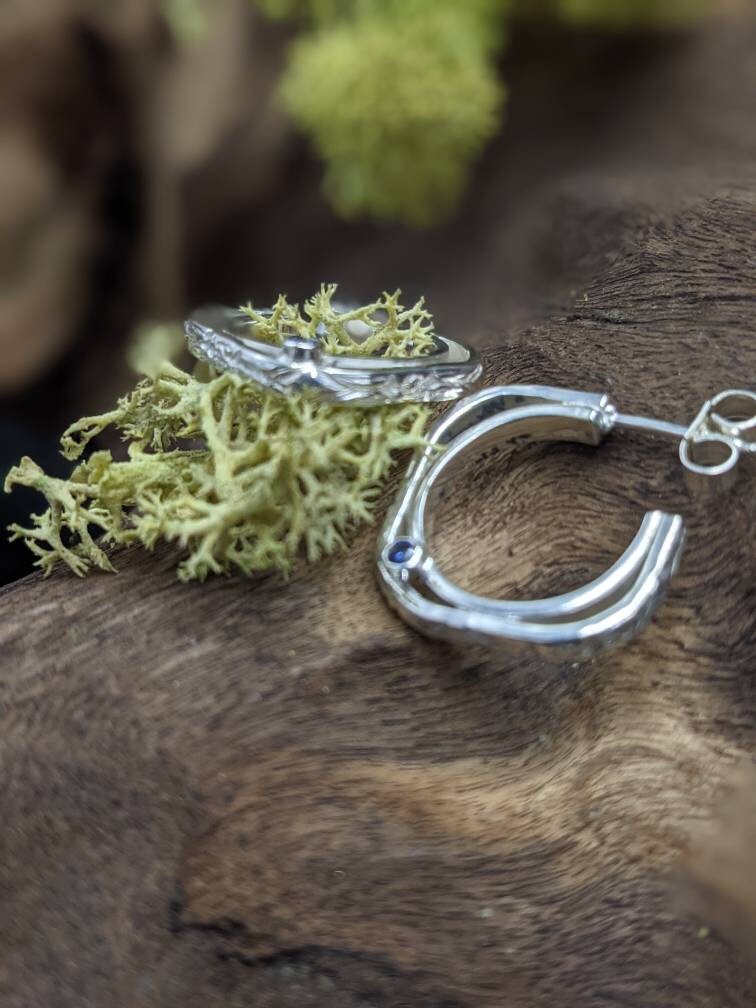 Silver Frame Hoop Earrings, Recycled Silver, Cubic Zirconia