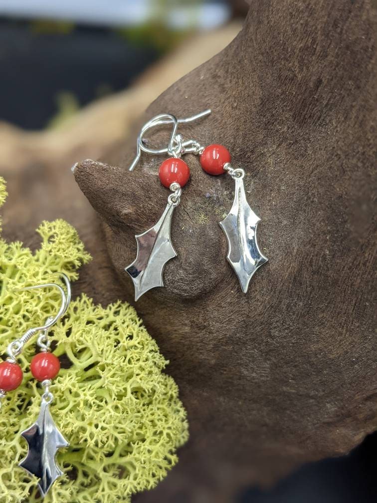 Handmade Sterling Silver Holly Leaf Earrings, Swarovski Berry Jewelry, stocking filler