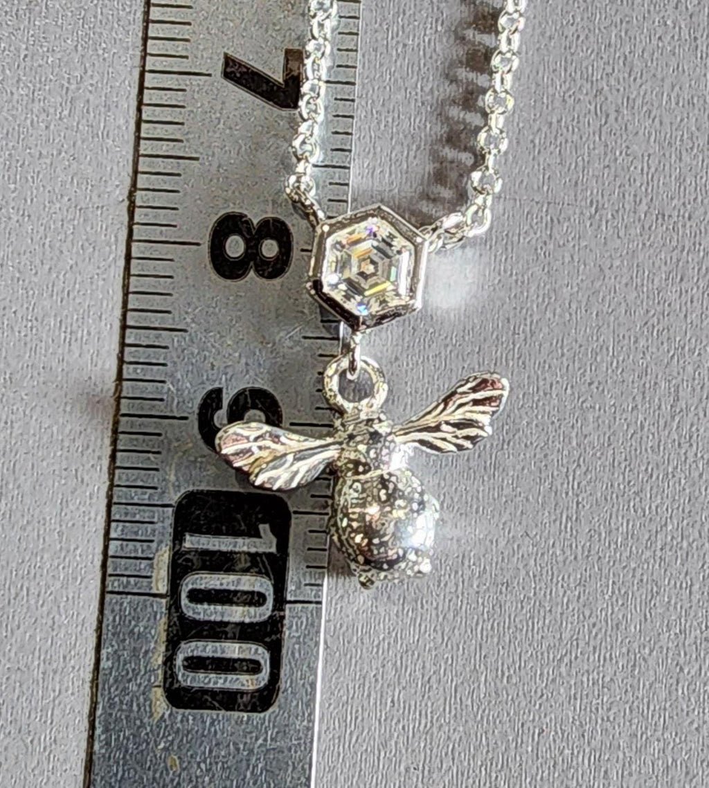 Silver bee pendant, Moissanite, honeycomb, summer jewellery, insect necklace, adjustable chain, ladies gift, birthday, anniversary, thankyou