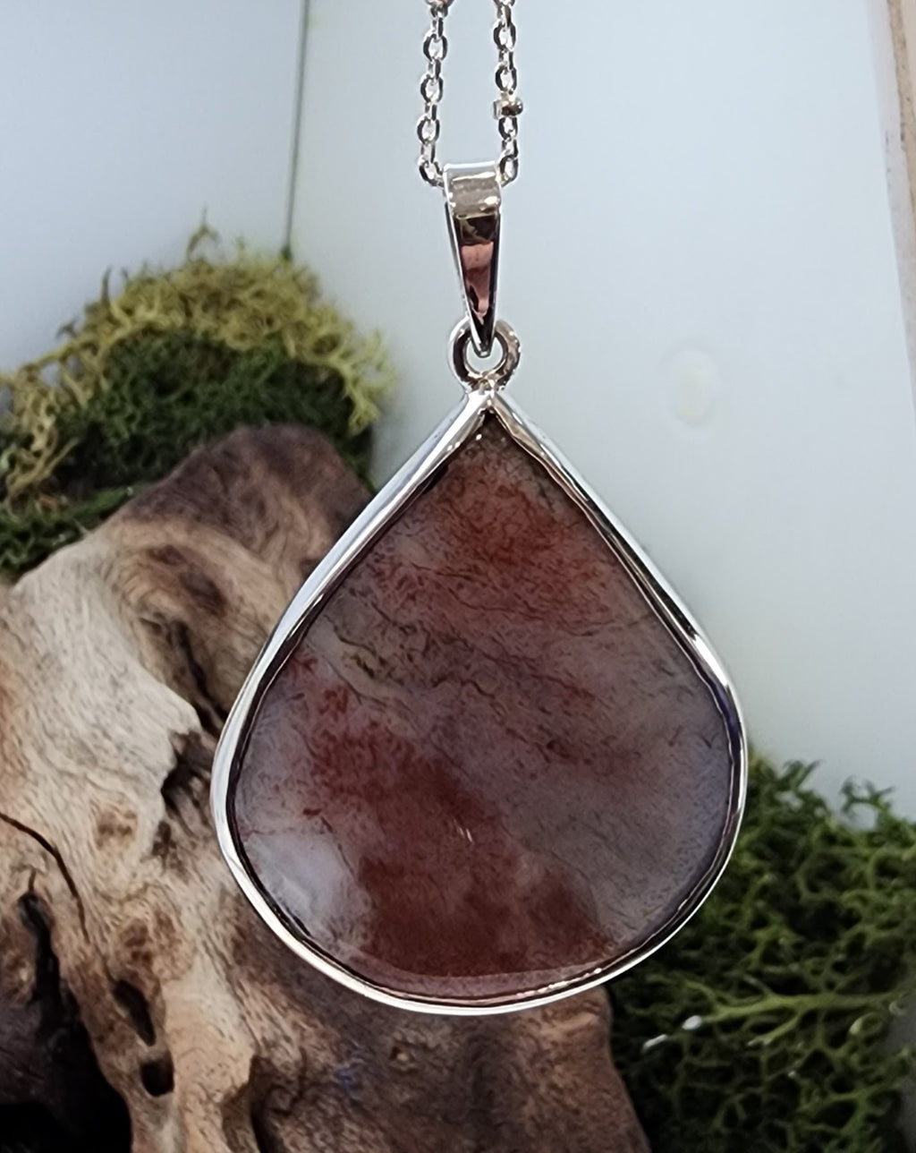 Sterling Silver Large Pear Shape Red Moss Agate Pendant