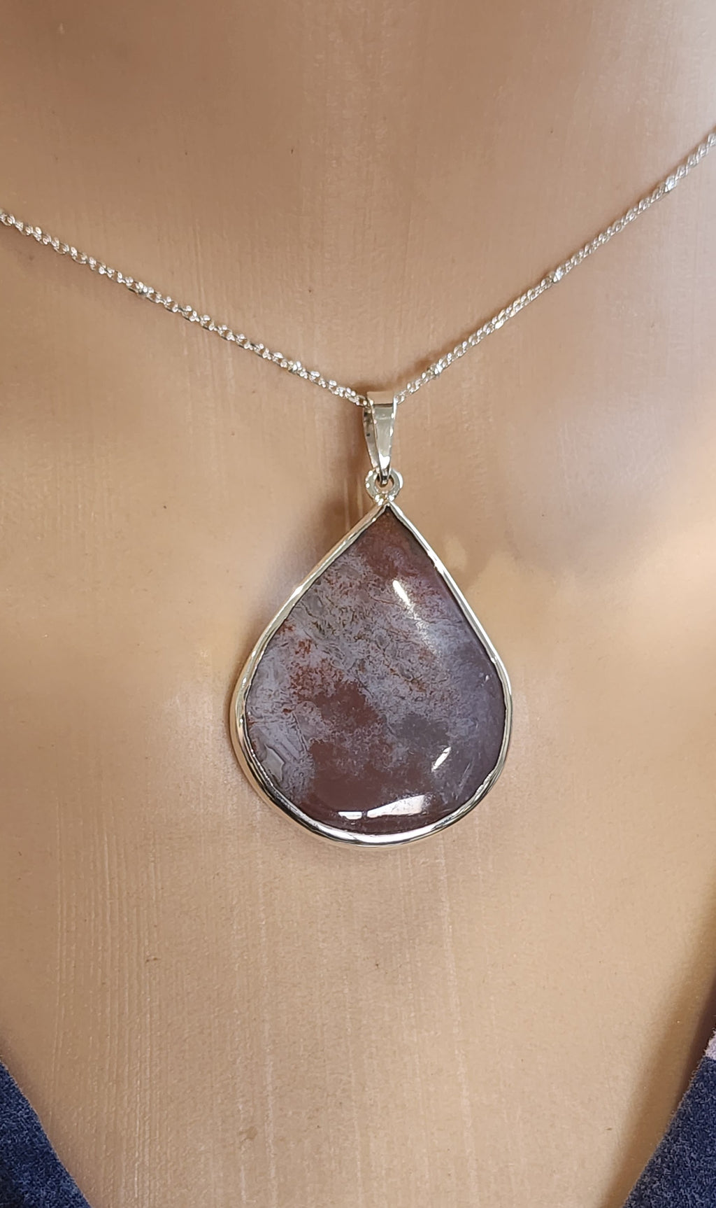 Sterling Silver Large Pear Shape Red Moss Agate Pendant
