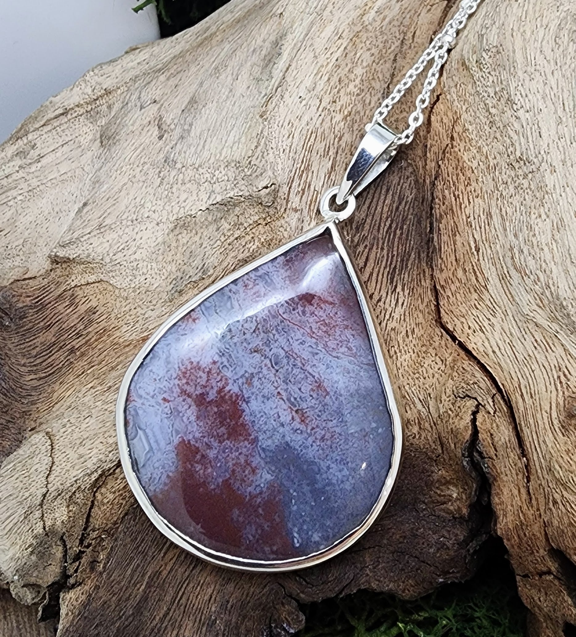 Sterling Silver Large Pear Shape Red Moss Agate Pendant