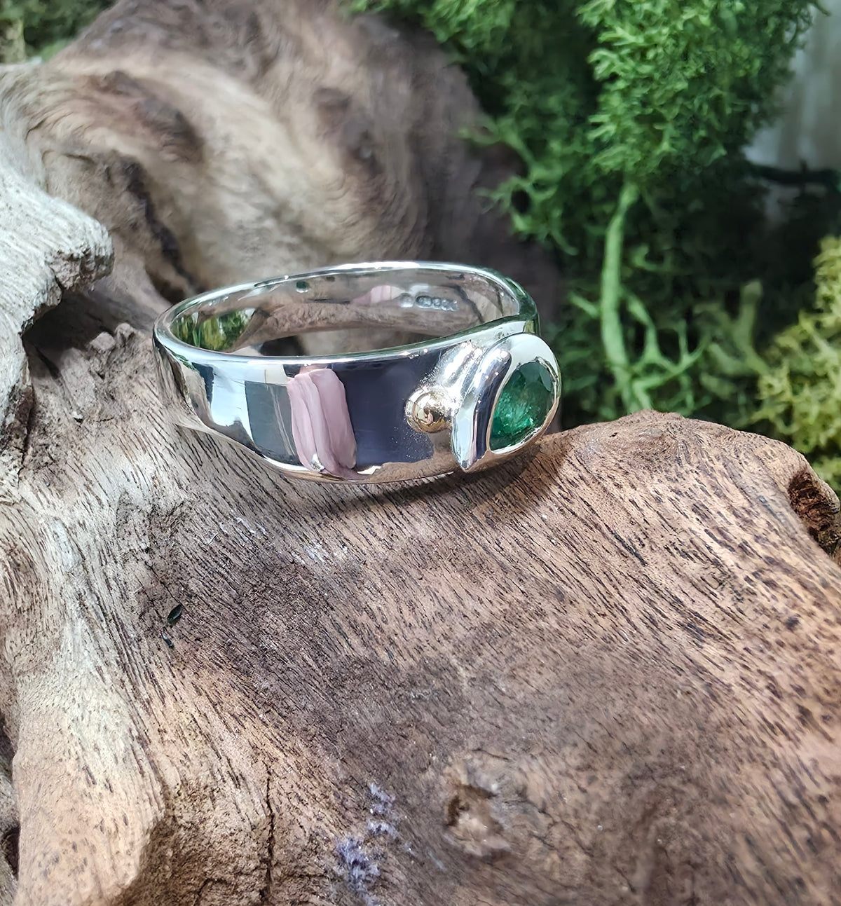 Sterling Silver Emerald Ring – Organic Handmade ring Size R/S but can be adjusted