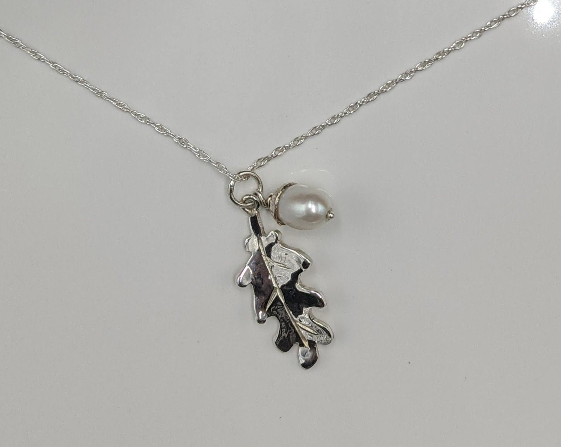 Handmade silver Oak leaf with Pearl Acorn, made to order, Sterling silver pendant, freshwater pearl, anniversary gift, pagan gift, new life, Mum, Ren faire