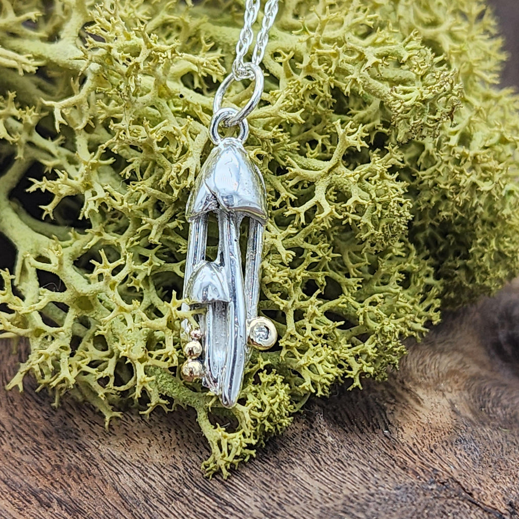 Handcrafted Sterling Silver Mushroom Pendant, Made to order, Gold Accent, Diamond