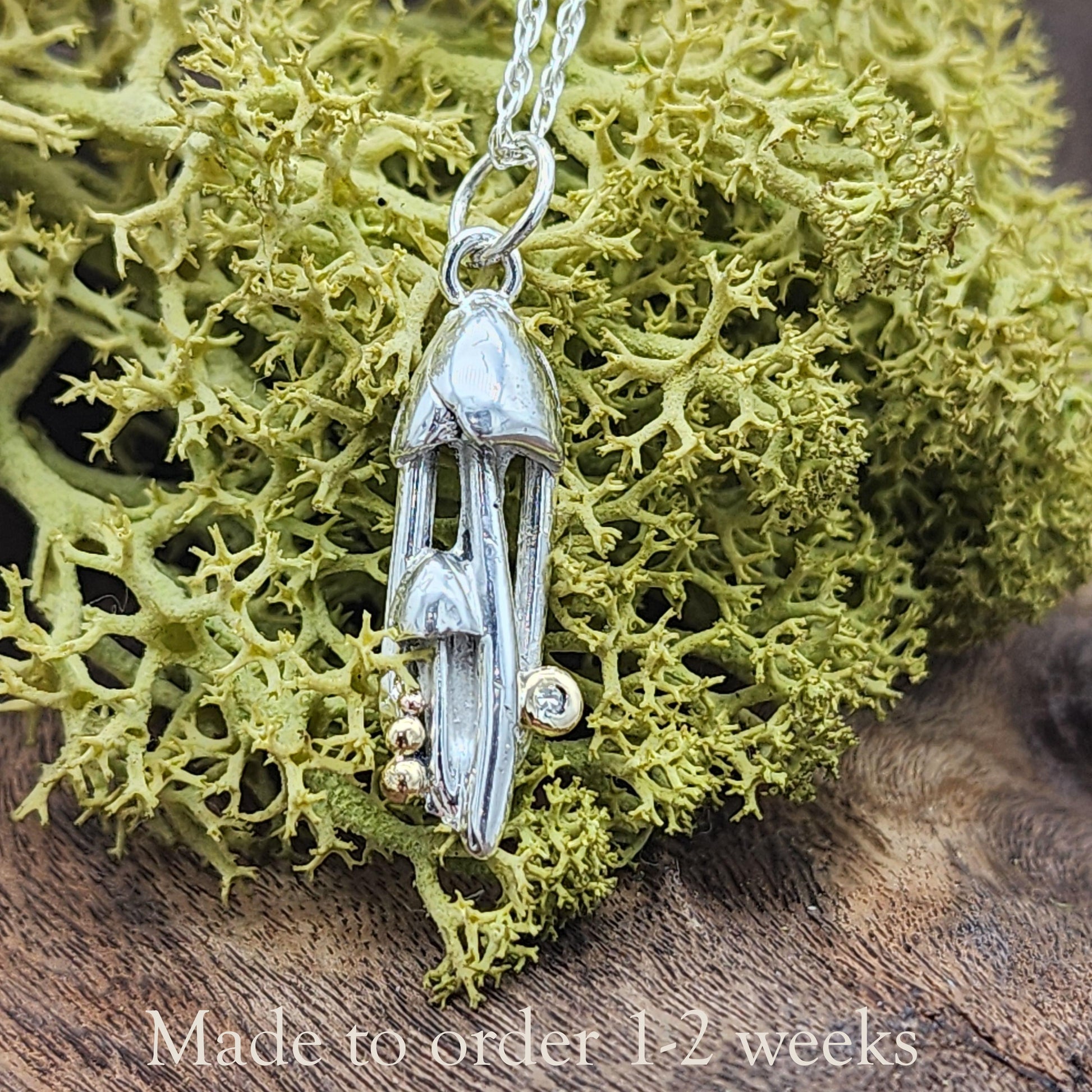Handcrafted Sterling Silver Mushroom Pendant, Made to order, Gold Accent, Diamond