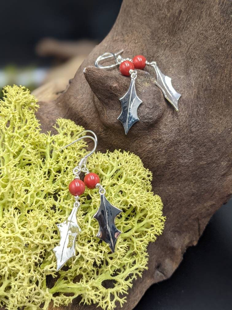 Handmade Sterling Silver Holly Leaf Earrings, Swarovski Berry Jewelry, stocking filler