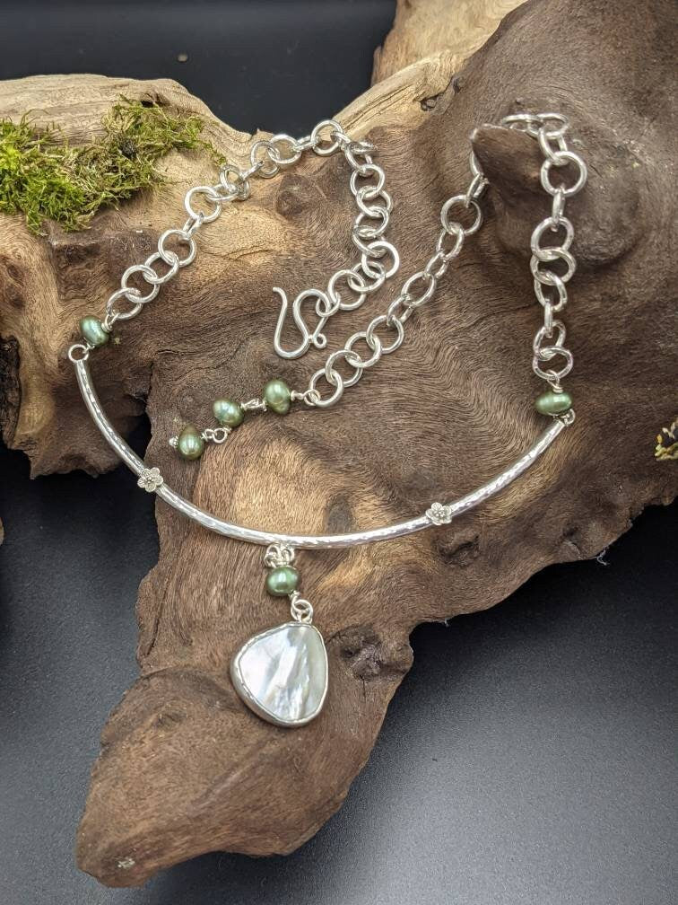 Mother of Pearl Sterling Silver Necklace, One of a Kind, In stock, Green Pearl Flower Collar