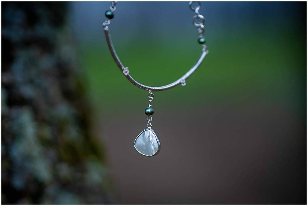 Mother of Pearl Sterling Silver Necklace, One of a Kind, In stock, Green Pearl Flower Collar