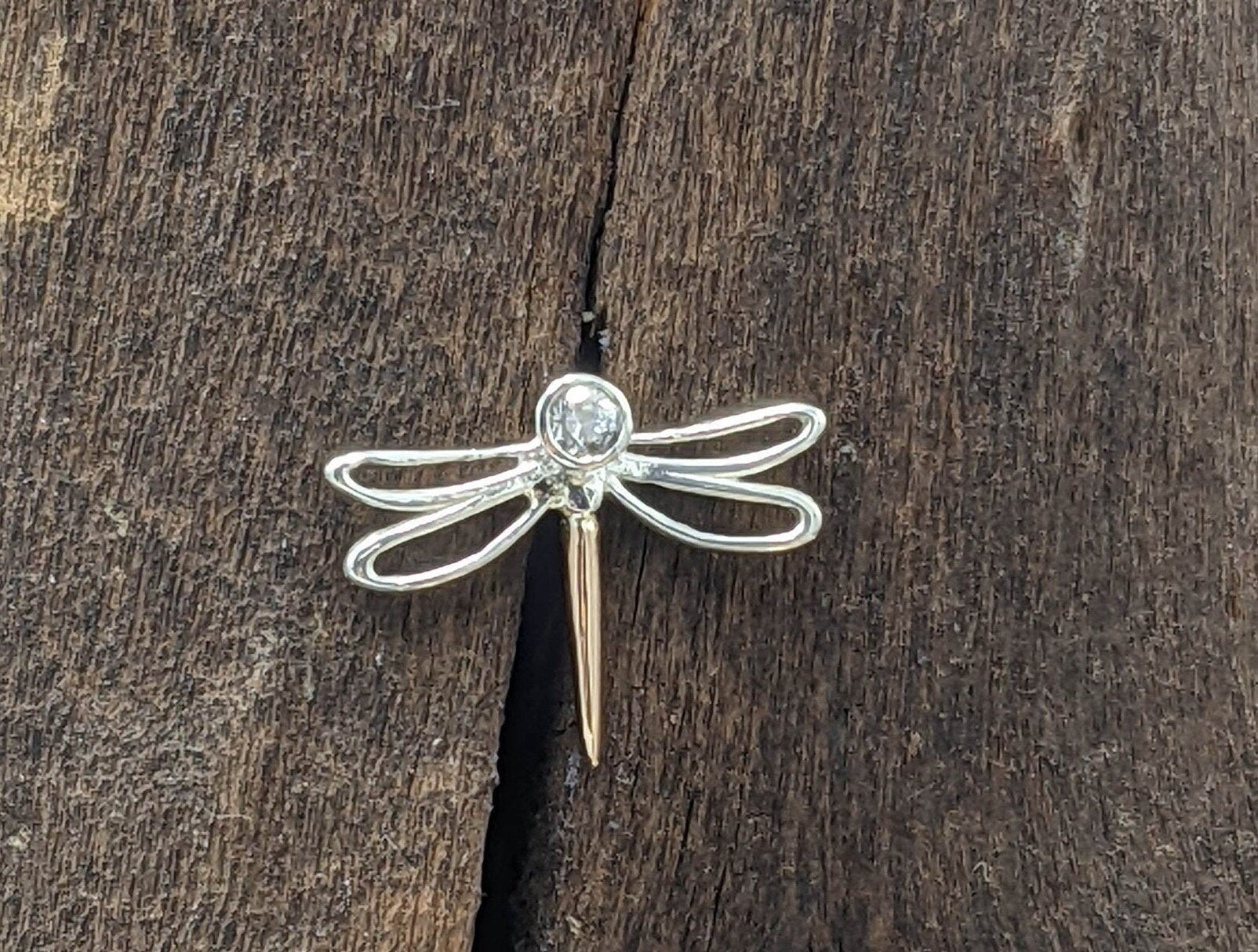 Silver and gold Diamond set dragonfly pin, dragonfly lapel pin, diamond brooch, Dragonfly jewellery, insect jewellery, Mum gift, womens gift