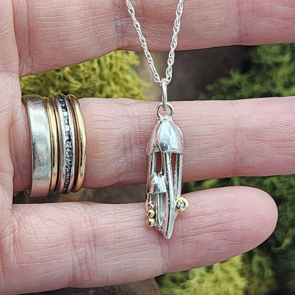 Handcrafted Sterling Silver Mushroom Pendant, Made to order, Gold Accent, Diamond