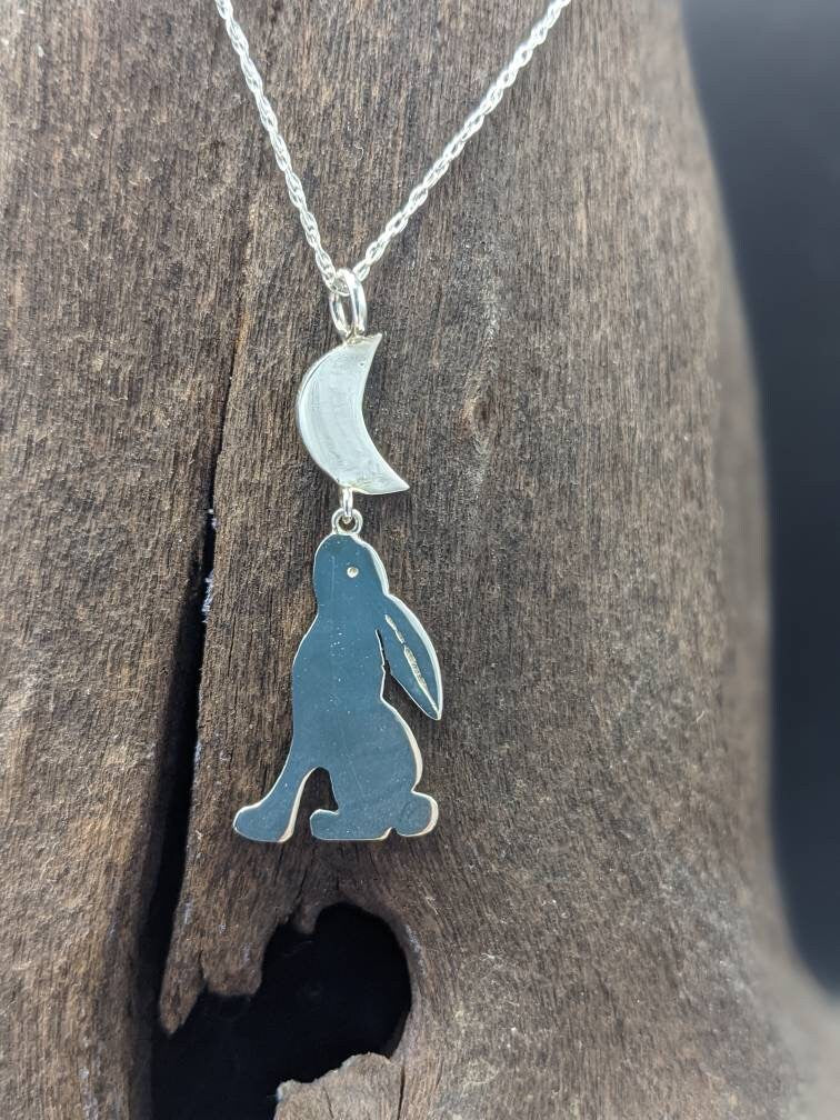Moongazing hare pendant, Pagan jewellery, Pagan gift, new beginnings, Handcrafted silver pendant, Rabbit gift, bunny jewelry, eostre