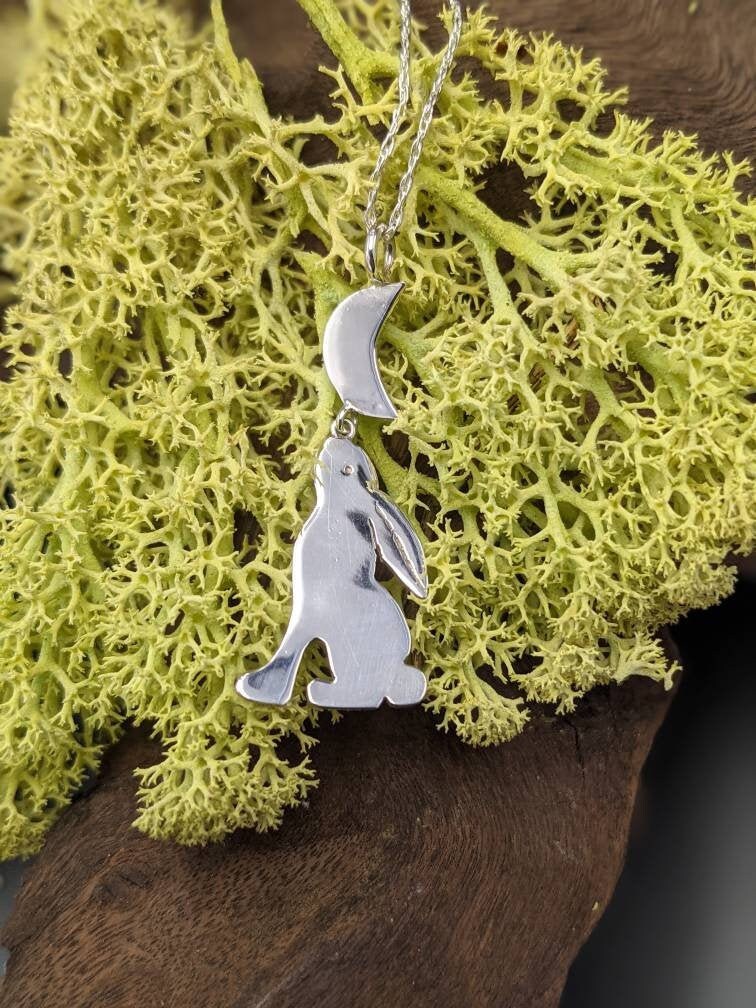Moongazing hare pendant, Pagan jewellery, Pagan gift, new beginnings, Handcrafted silver pendant, Rabbit gift, bunny jewelry, eostre