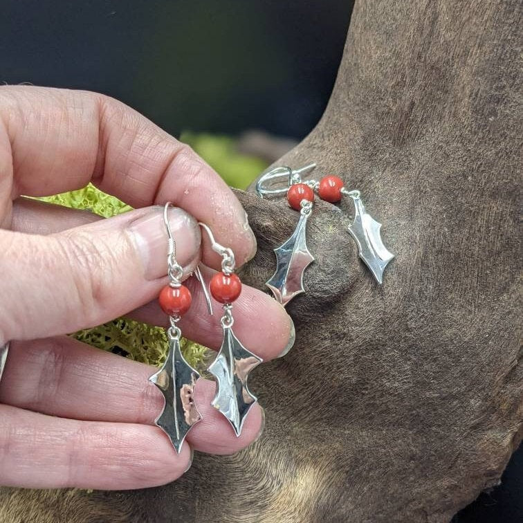 Handmade Sterling Silver Holly Leaf Earrings, Swarovski Berry Jewelry, stocking filler