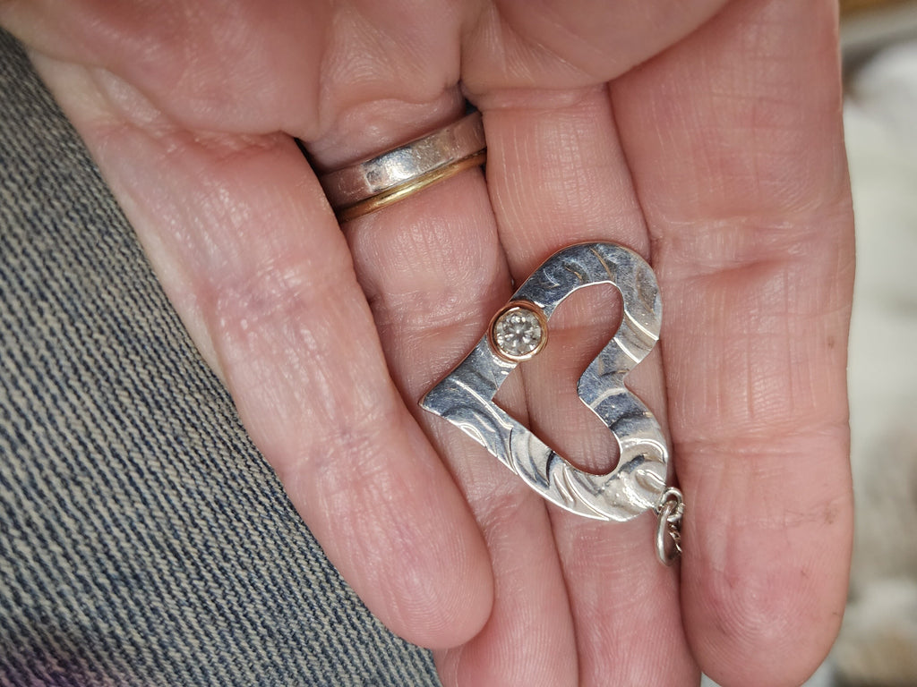 Silver textured open heart pendant with salt and pepper diamond, Diamond pendant, Christmas Gift, April Birthstone, Handmade, Birthday, Ready to post
