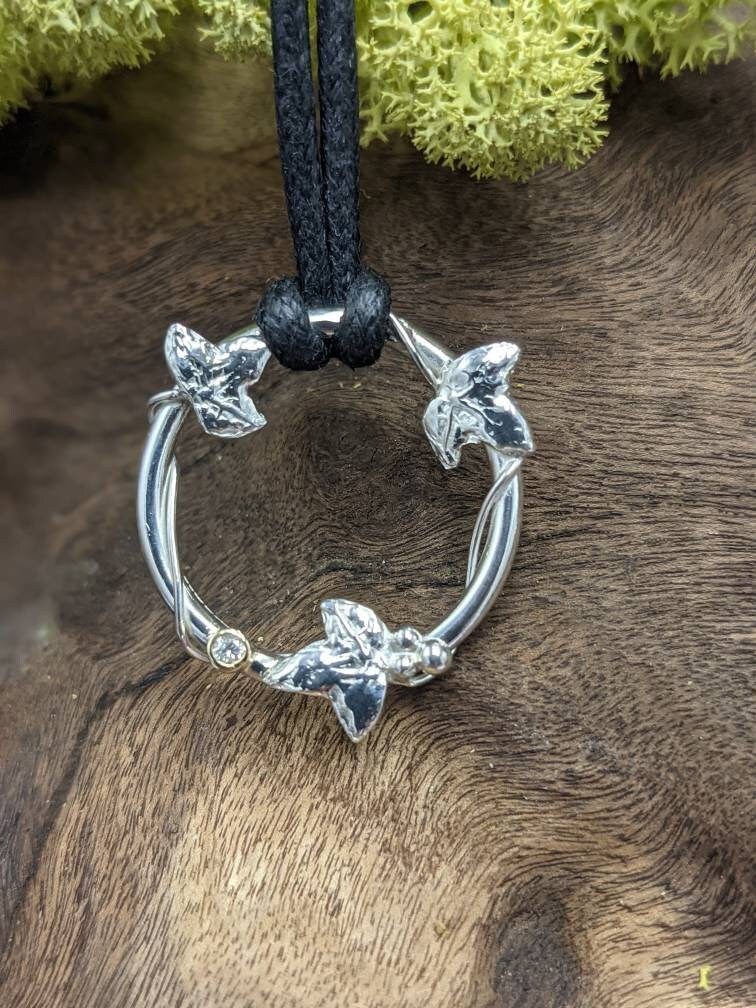 Diamond Ivy wreath pendant, made to order, silver necklace, woodland themed pendant,  Forest gift, Ivy leaf, Hedera, Fae, Pagan, Tree, Graduation, birthday