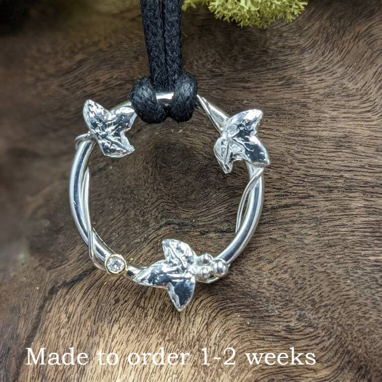 Diamond Ivy wreath pendant, Made to order, silver necklace, woodland themed pendant,  Forest gift, Ivy leaf, Hedera, Fae, Pagan, Tree, Graduation, birthday