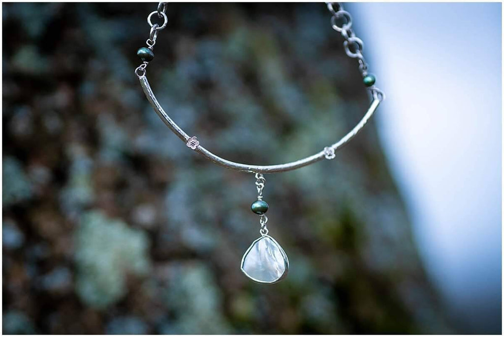 Mother of Pearl Sterling Silver Necklace, One of a Kind, In stock, Green Pearl Flower Collar