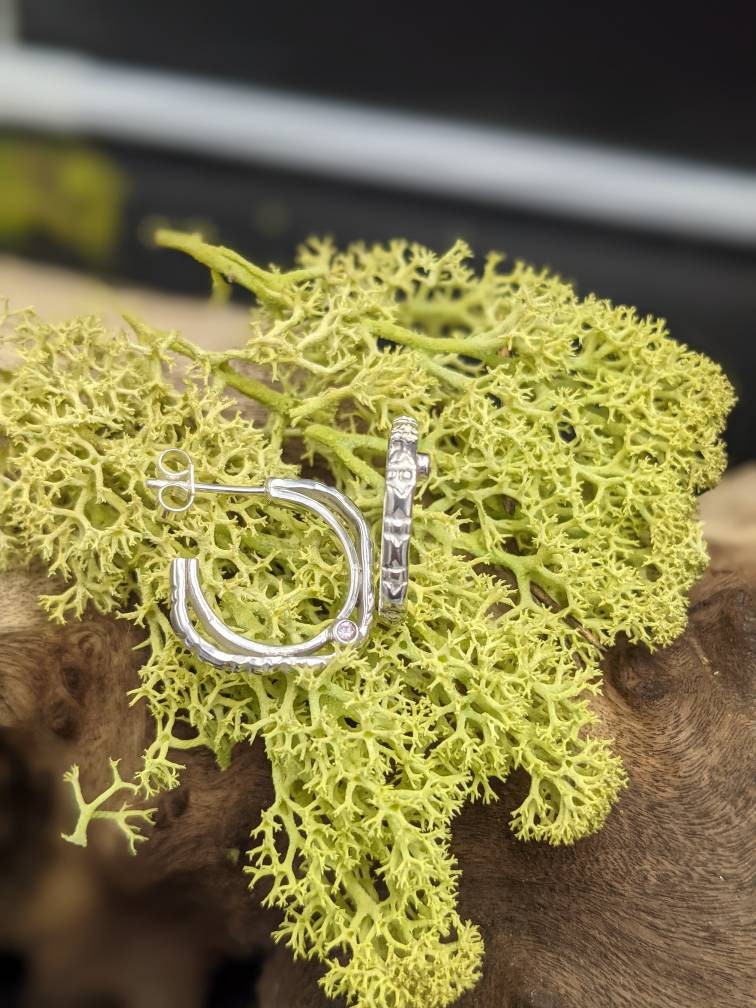 Silver Frame Hoop Earrings, Recycled Silver, Cubic Zirconia