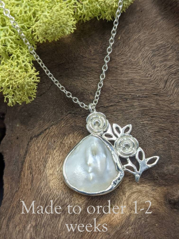 Handmade Mother of Pearl Pendant, In stock, 1 available, Climbing Rose Silver Necklace
