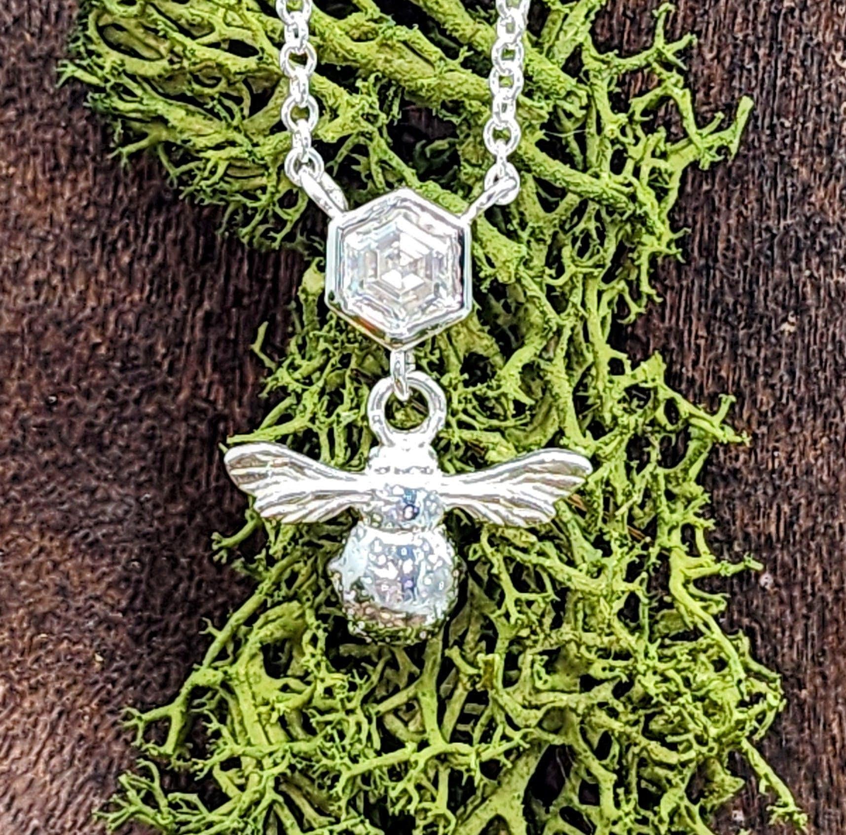 Silver bee pendant, Moissanite, honeycomb, summer jewellery, insect necklace, adjustable chain, ladies gift, birthday, anniversary, thankyou