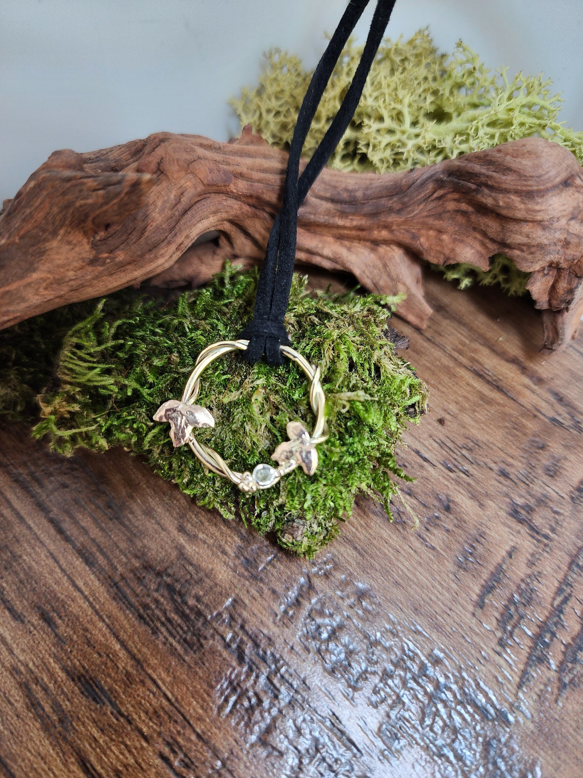 Gold and Rose Cut Diamond Ivy wreath pendant, made to order necklace, woodland themed pendant,  Forest gift, Ivy leaf, Hedera, Fae, Graduation