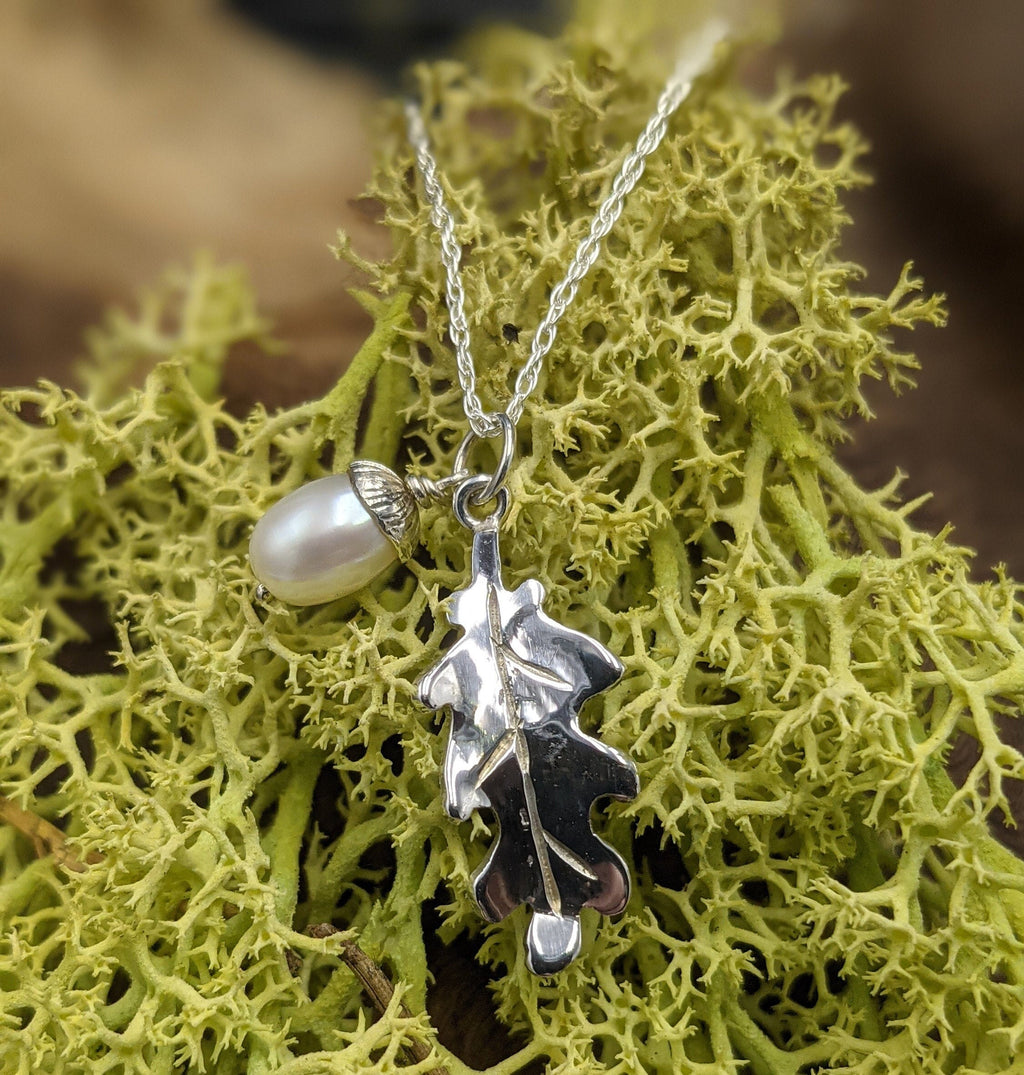 Handmade silver Oak leaf with Pearl Acorn, made to order, Sterling silver pendant, freshwater pearl, anniversary gift, pagan gift, new life, Mum, Ren faire