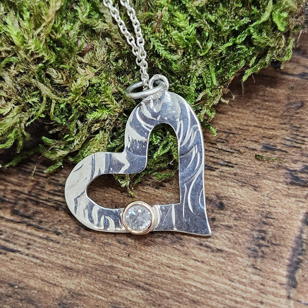 Silver textured open heart pendant with salt and pepper diamond, Diamond pendant, Christmas Gift, April Birthstone, Handmade, Birthday, Ready to post