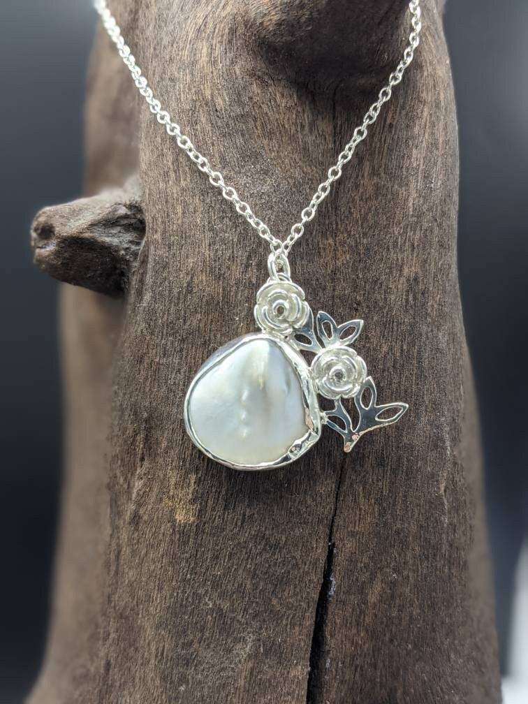 Handmade Mother of Pearl Pendant, Climbing Rose Silver Necklace