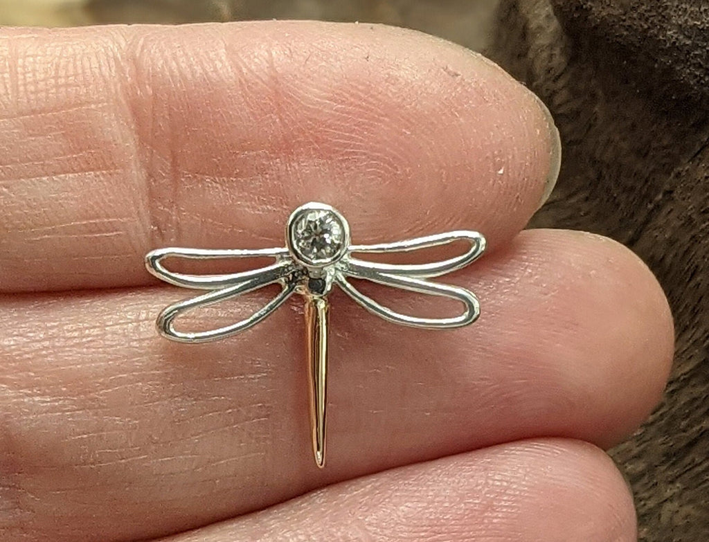 Silver and gold Diamond set dragonfly pin, dragonfly lapel pin, diamond brooch, Dragonfly jewellery, insect jewellery, Mum gift, womens gift
