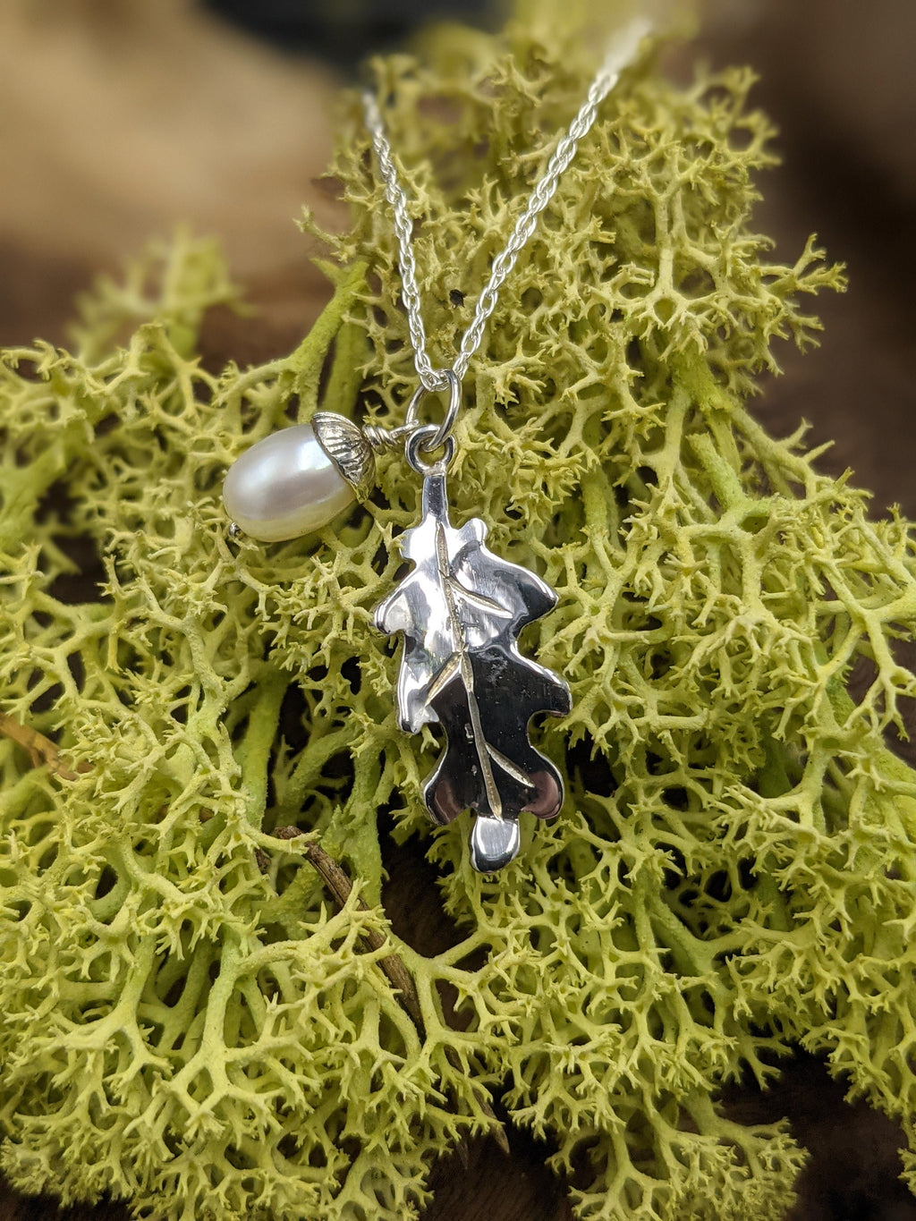 Handmade silver Oak leaf with Pearl Acorn, made to order, Sterling silver pendant, freshwater pearl, anniversary gift, pagan gift, new life, Mum, Ren faire