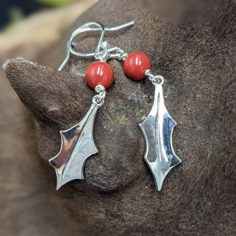 Handmade Sterling Silver Holly Leaf Earrings, Swarovski Berry Jewelry, stocking filler