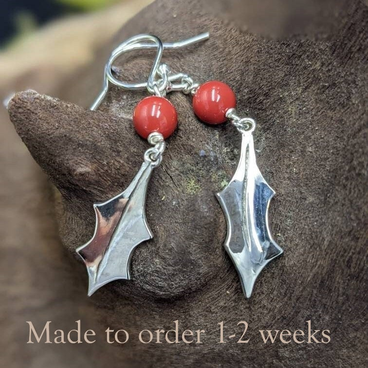 Handmade Sterling Silver Holly Leaf Earrings, Swarovski Berry Jewelry, Made to order, stocking filler