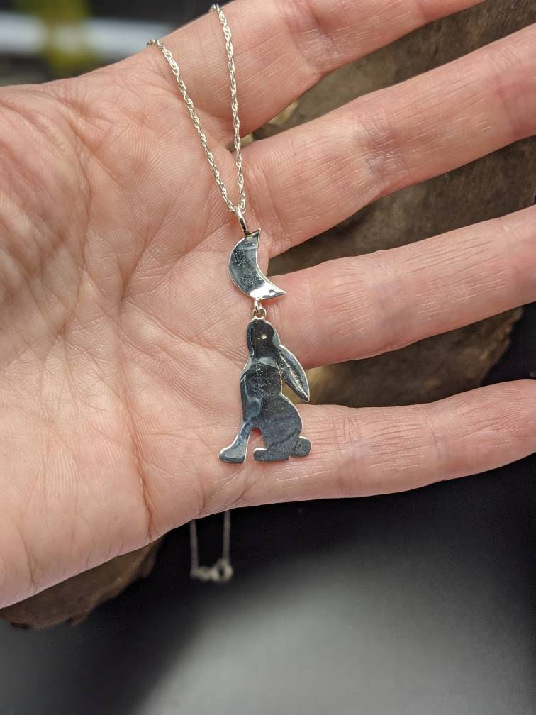 Moongazing hare pendant, Pagan jewellery, Pagan gift, new beginnings, Handcrafted silver pendant, Rabbit gift, bunny jewelry, eostre