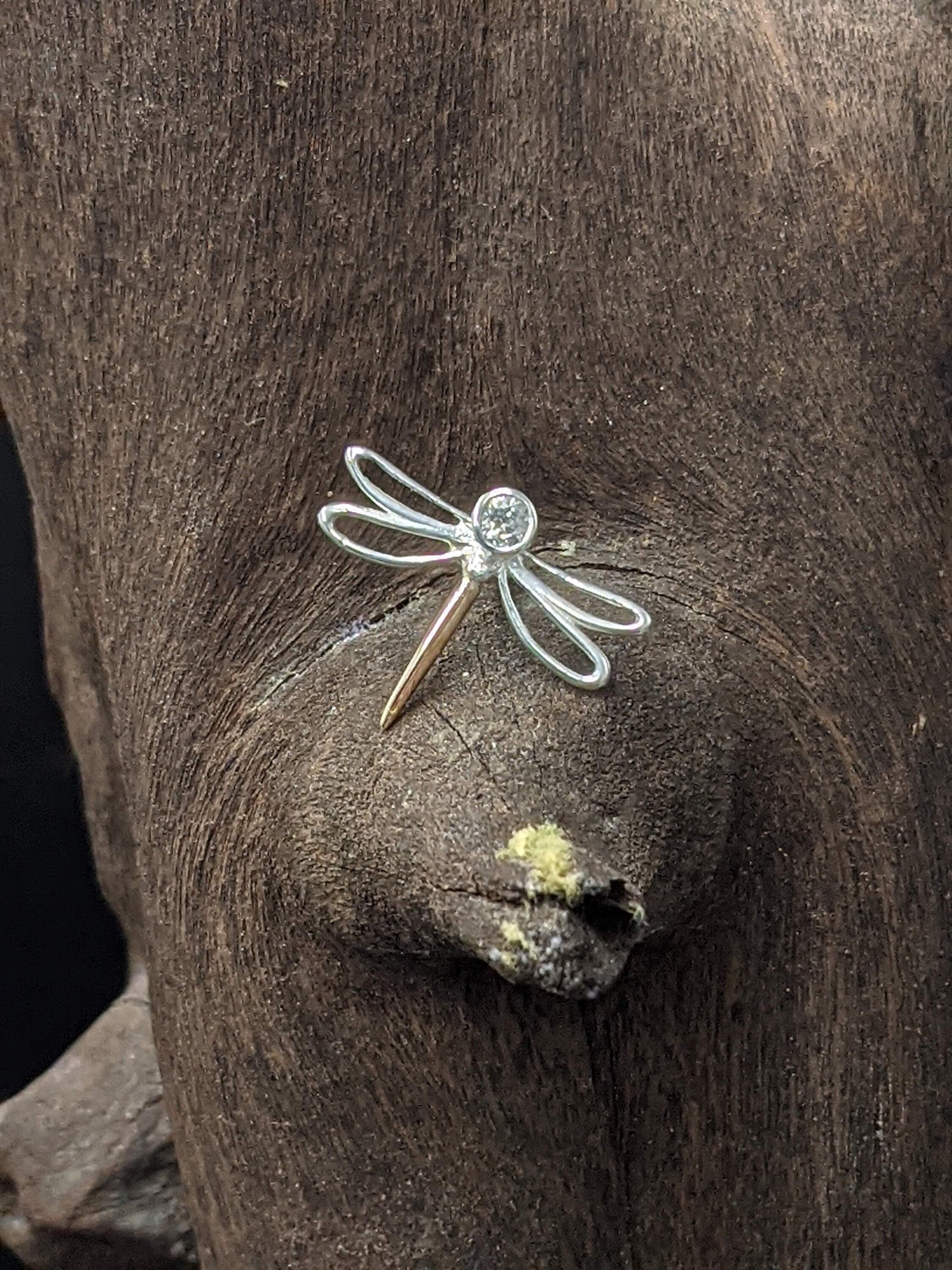 Silver and gold Diamond set dragonfly pin, dragonfly lapel pin, diamond brooch, Dragonfly jewellery, insect jewellery, Mum gift, womens gift