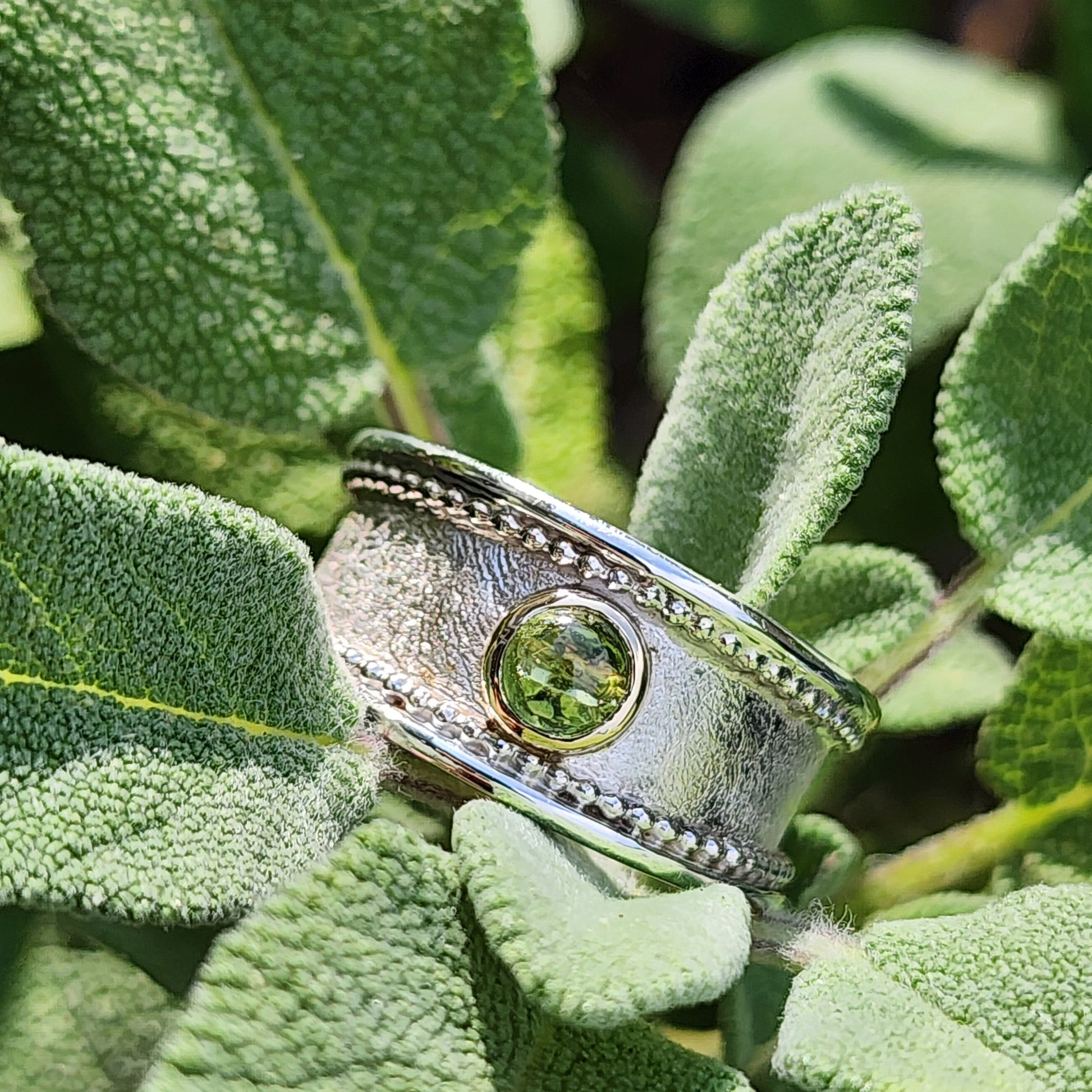 A silver ring with a textured band, decorative beaded edges, and a central green gemstone, resting on green sage leaves.