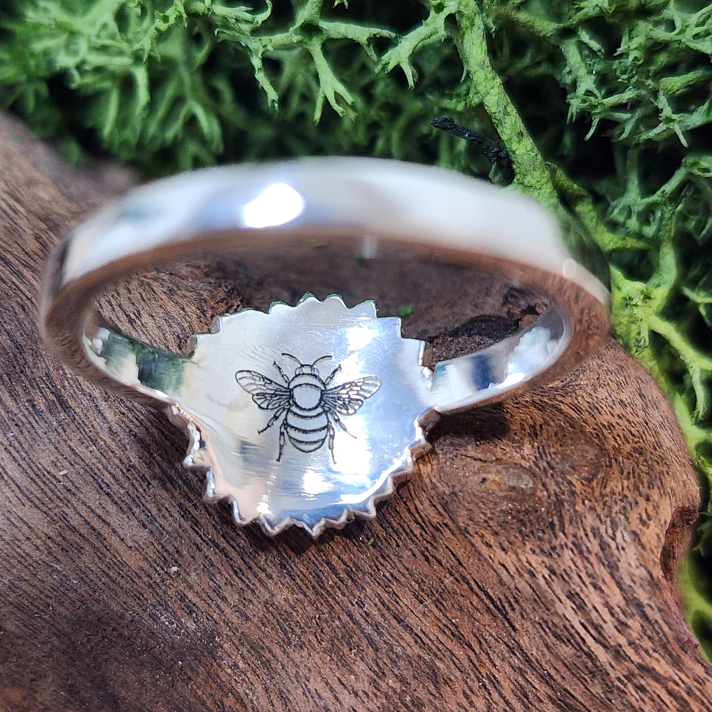 Sterling silver handcrafted Flower ring with engraved bee detail inside, Free UK post. Size R but can be altered