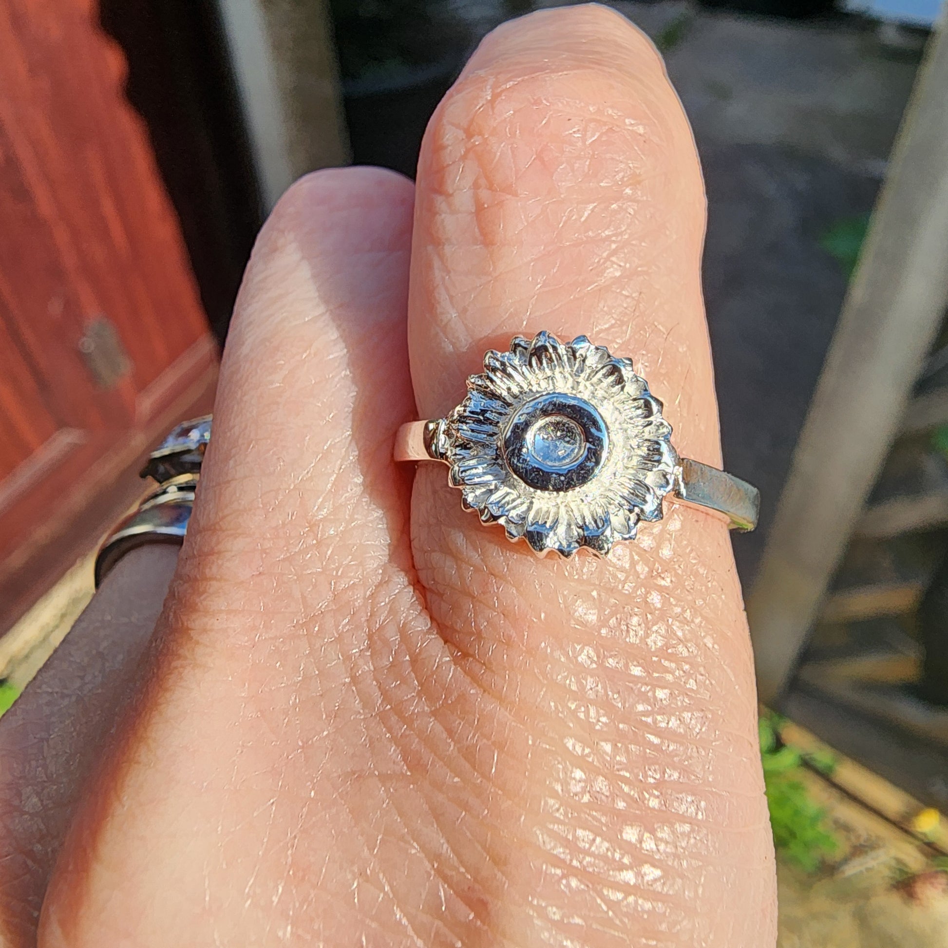 Sterling silver handcrafted Flower ring with engraved bee detail inside, Free UK post. Size R but can be altered