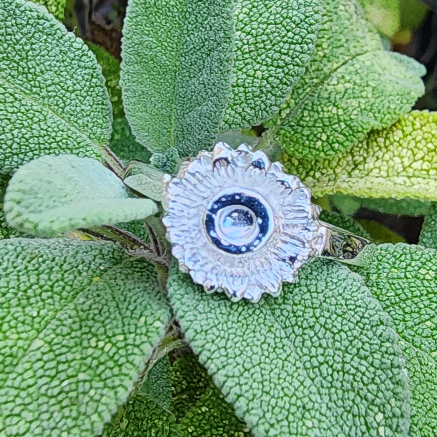 Sterling silver handcrafted Flower ring with engraved bee detail inside, Free UK post. Size R but can be altered
