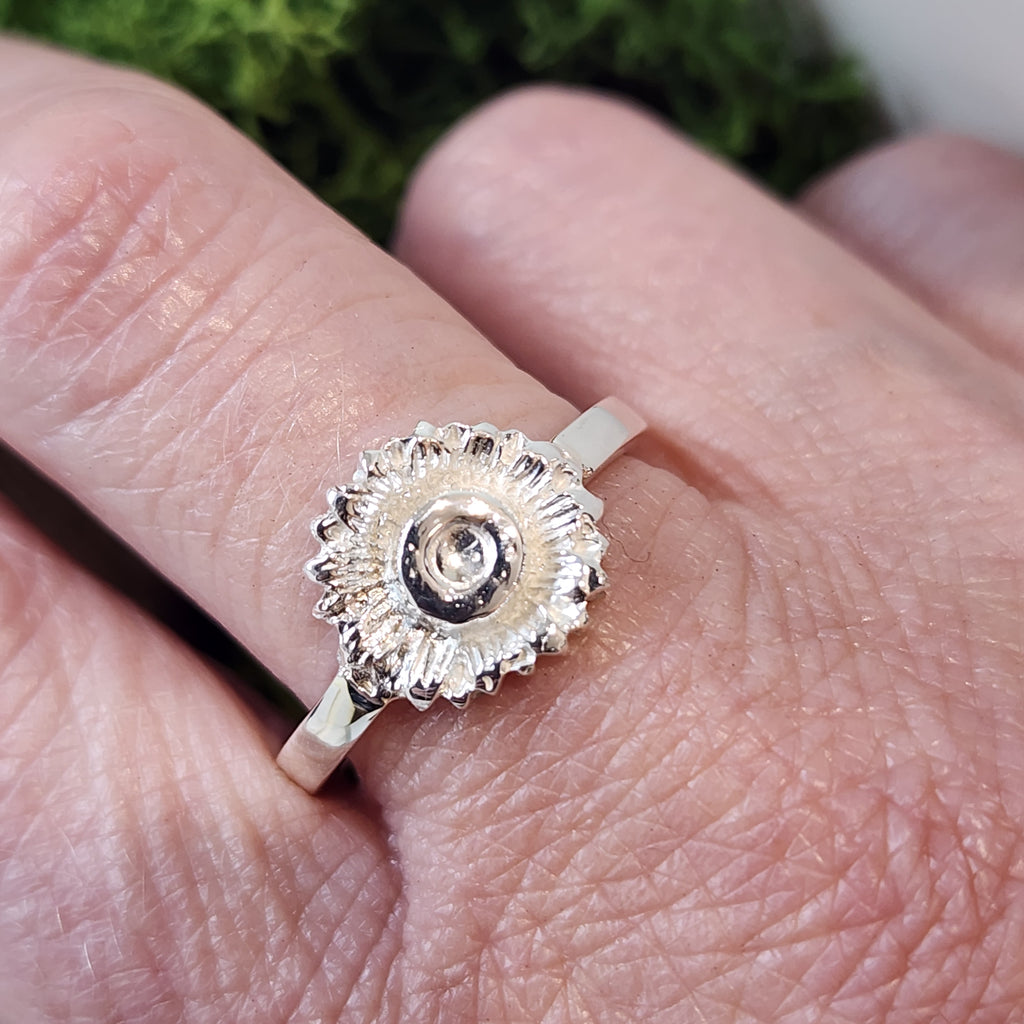 Sterling silver handcrafted Flower ring with engraved bee detail inside, Free UK post. Size R but can be altered