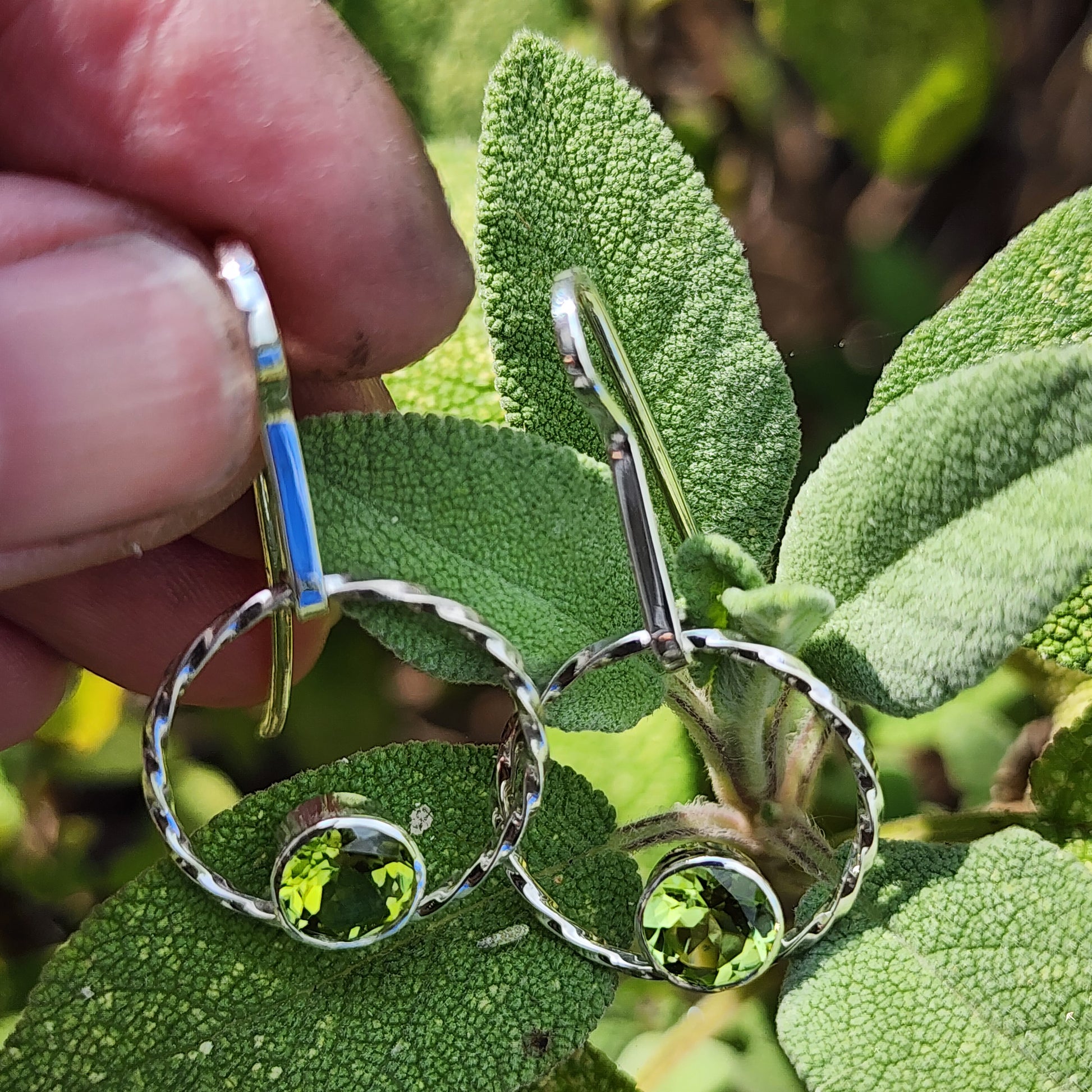 Handmade Sterling silver and Peridot (August birthstone) Circle drop earrings. Free UK postage.