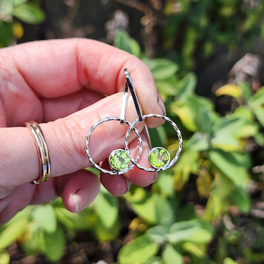 Handmade Sterling silver and Peridot (August birthstone) Circle drop earrings. Free UK postage.