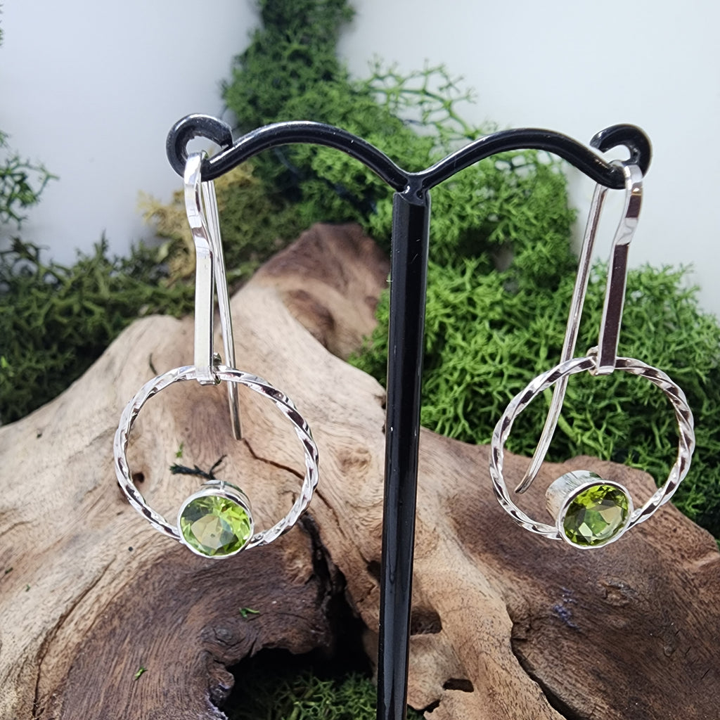Handmade Sterling silver and Peridot (August birthstone) Circle drop earrings. Free UK postage.