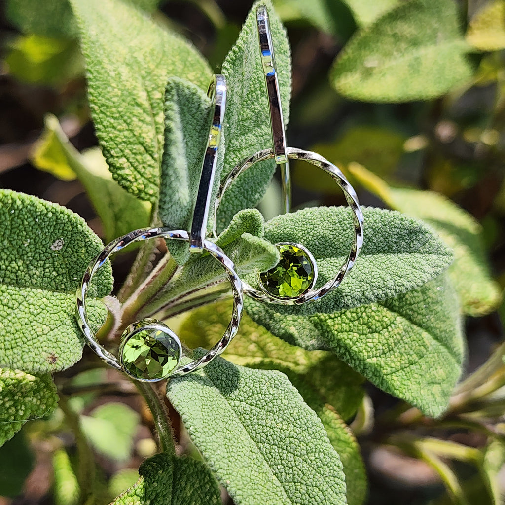 Handmade Sterling silver and Peridot (August birthstone) Circle drop earrings. Free UK postage.