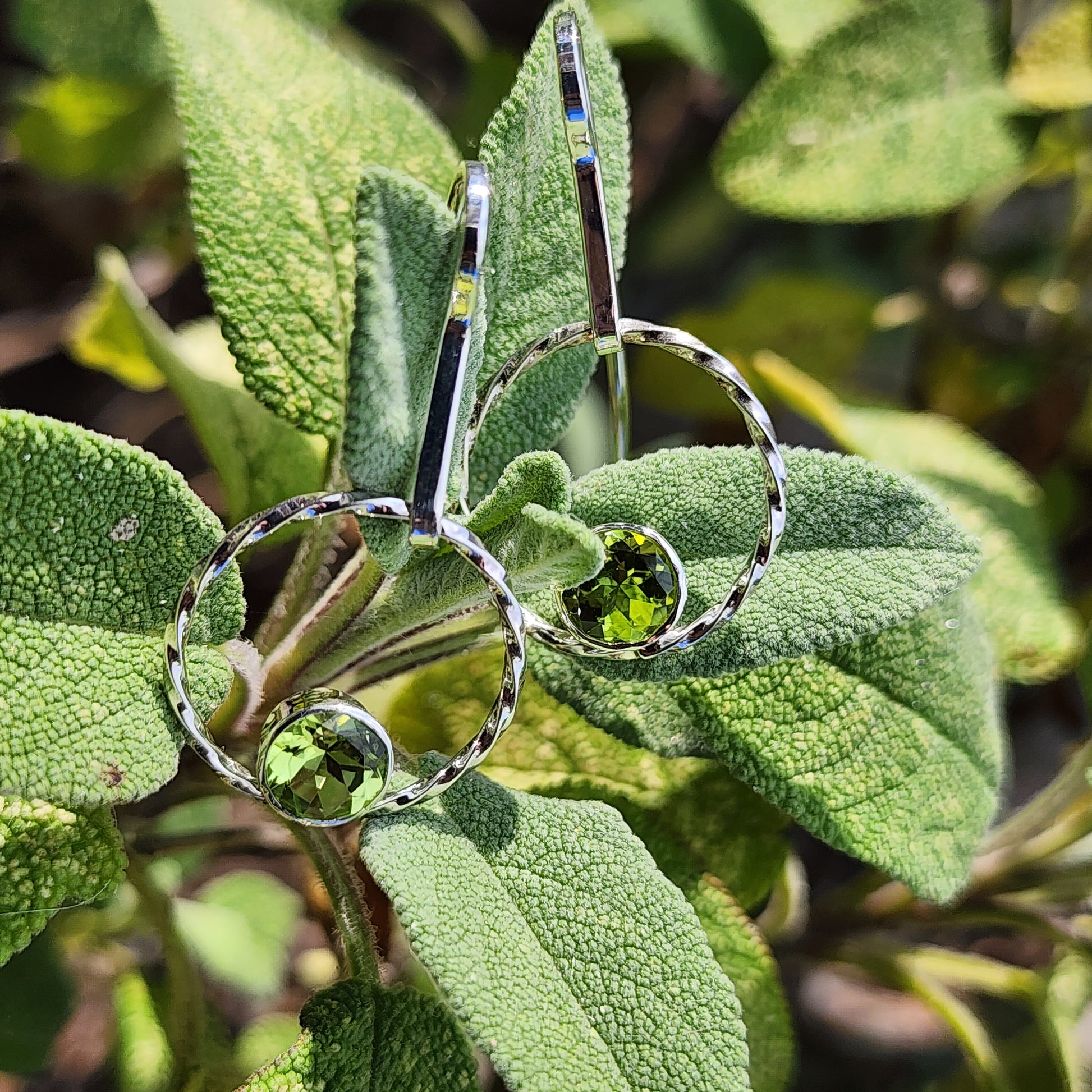 Handmade Sterling silver and Peridot (August birthstone) Circle drop earrings. Free UK postage.